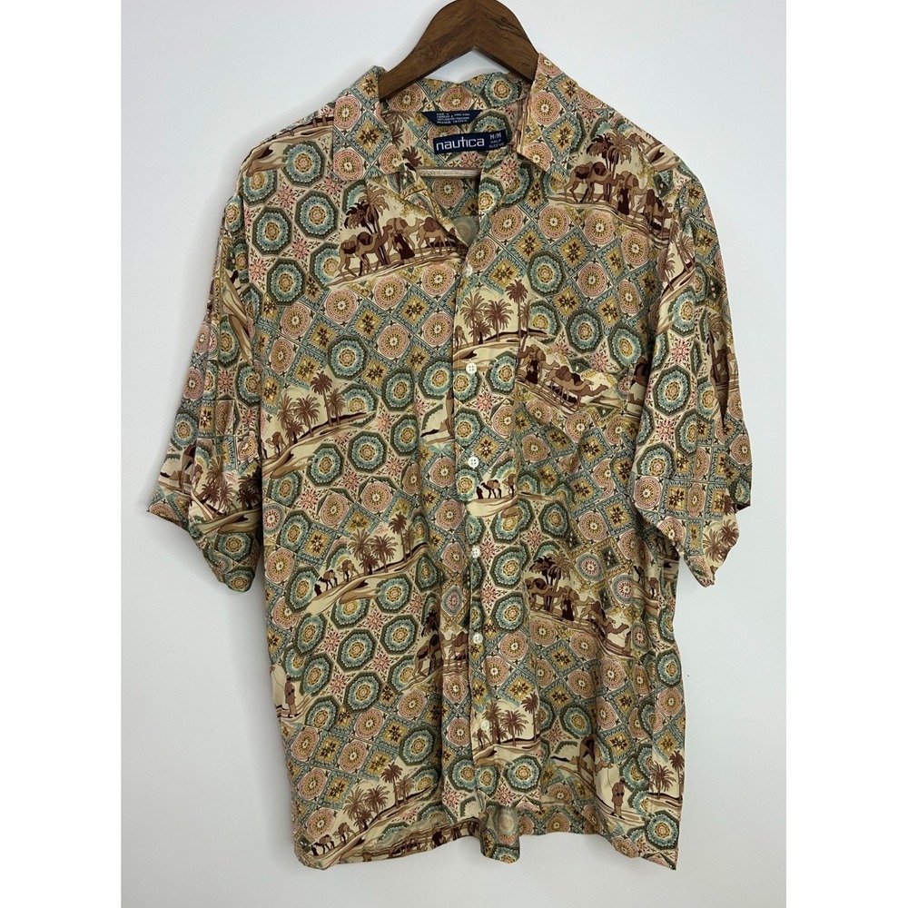 Vintage Nautica Moroccan Medallion Camel Print Button Shirt Mens Medium Resort - Picture 14 of 14